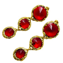 Load image into Gallery viewer, Vintage gold tone red glass designer dangle pierced earrings
