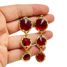 Load image into Gallery viewer, Vintage gold tone red glass designer dangle pierced earrings
