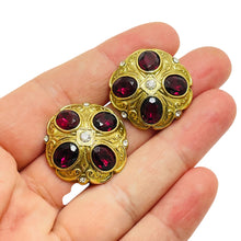 Load image into Gallery viewer, Vintage gold tone red glass designer runway earrings
