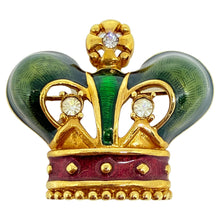 Load image into Gallery viewer, Vintage gold tone red green enamel rhinestone royal crown designer brooch
