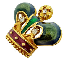 Load image into Gallery viewer, Vintage gold tone red green enamel rhinestone royal crown designer brooch
