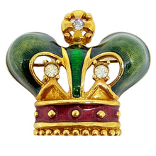 Load image into Gallery viewer, Vintage gold tone red green enamel rhinestone royal crown designer brooch
