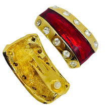 Load image into Gallery viewer, Vintage gold tone red pink enamel rhinestones designer clip on earrings
