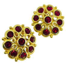 Load image into Gallery viewer, Vintage gold tone red rhinestones designer clip on earrings
