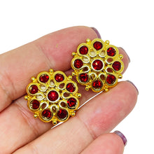 Load image into Gallery viewer, Vintage gold tone red rhinestones designer clip on earrings
