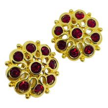 Load image into Gallery viewer, Vintage gold tone red rhinestones designer clip on earrings
