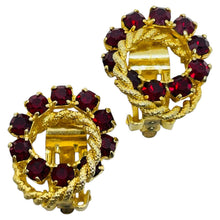 Load image into Gallery viewer, Vintage gold tone red rhinestones small designer clip on earrings
