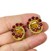 Load image into Gallery viewer, Vintage gold tone red rhinestones small designer clip on earrings
