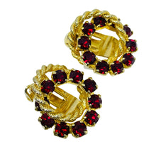 Load image into Gallery viewer, Vintage gold tone red rhinestones small designer clip on earrings
