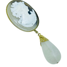 Load image into Gallery viewer, Vintage gold tone resin cameo dangle designer brooch
