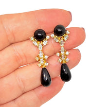 Load image into Gallery viewer, Vintage gold tone rhinestone black drops designer 80's earrings
