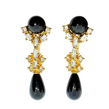 Load image into Gallery viewer, Vintage gold tone rhinestone black drops designer 80's earrings

