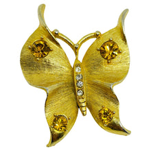 Load image into Gallery viewer, Vintage gold tone rhinestone butterfly designer brooch
