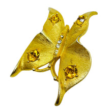 Load image into Gallery viewer, Vintage gold tone rhinestone butterfly designer brooch
