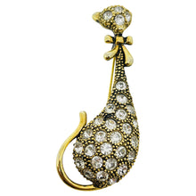 Load image into Gallery viewer, Vintage gold tone rhinestone cat figural brooch
