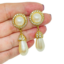 Load image into Gallery viewer, Vintage gold tone rhinestone dangle faux pearl 80's designer post earrings
