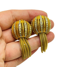 Load image into Gallery viewer, Vintage gold tone rhinestone dangle fringe chain designer clip on earrings
