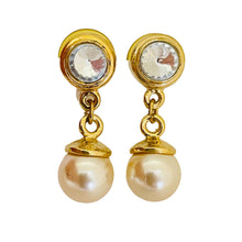Load image into Gallery viewer, Vintage gold tone rhinestone dangle pearl designer earrings
