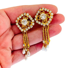 Load image into Gallery viewer, Vintage gold tone rhinestone dangle pearls designer clip on earrings
