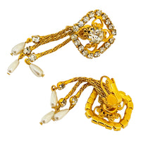 Load image into Gallery viewer, Vintage gold tone rhinestone dangle pearls designer clip on earrings
