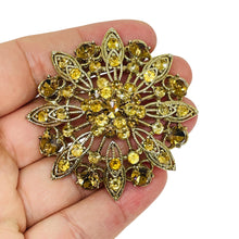 Load image into Gallery viewer, Vintage gold tone rhinestone designer flower brooch
