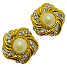 Load image into Gallery viewer, Vintage gold tone rhinestone designer runway clip on earrings
