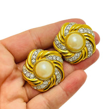 Load image into Gallery viewer, Vintage gold tone rhinestone designer runway clip on earrings
