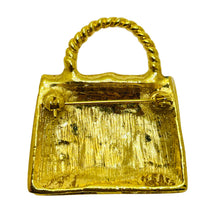 Load image into Gallery viewer, Vintage gold tone rhinestone enamel designer purse bag brooch
