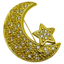 Load image into Gallery viewer, Vintage gold tone rhinestone moon star designer brooch
