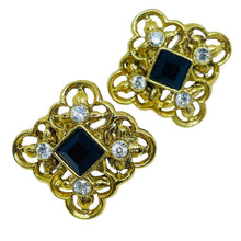 Load image into Gallery viewer, Vintage gold tone rhinestones 80's designer clip on earrings
