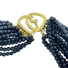 Load image into Gallery viewer, Vintage gold tone rhinestones black glass multi strand beaded choker necklace
