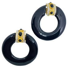 Load image into Gallery viewer, Vintage gold tone rhinestones black resin door knocker 80's clip on earrings
