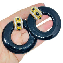 Load image into Gallery viewer, Vintage gold tone rhinestones black resin door knocker 80's clip on earrings
