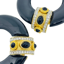 Load image into Gallery viewer, Vintage gold tone rhinestones black resin door knocker 80's clip on earrings
