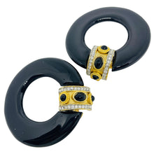 Load image into Gallery viewer, Vintage gold tone rhinestones black resin door knocker 80's clip on earrings
