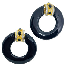 Load image into Gallery viewer, Vintage gold tone rhinestones black resin door knocker 80's clip on earrings
