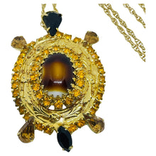 Load image into Gallery viewer, Vintage gold tone rhinestones glass turtle pendant necklace
