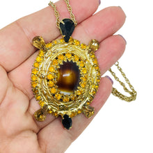 Load image into Gallery viewer, Vintage gold tone rhinestones glass turtle pendant necklace
