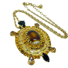 Load image into Gallery viewer, Vintage gold tone rhinestones glass turtle pendant necklace
