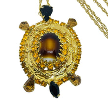 Load image into Gallery viewer, Vintage gold tone rhinestones glass turtle pendant necklace
