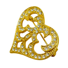 Load image into Gallery viewer, Vintage gold tone rhinestones heart designer brooch

