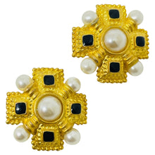 Load image into Gallery viewer, Vintage gold tone rhinestones pearls Maltese cross designer clip on earrings
