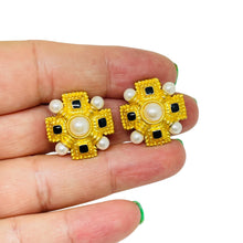 Load image into Gallery viewer, Vintage gold tone rhinestones pearls Maltese cross designer clip on earrings
