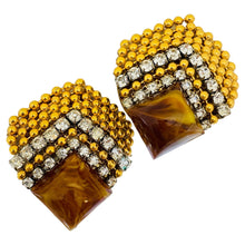 Load image into Gallery viewer, Vintage gold tone rhinestones resin 80's designer clip on earrings

