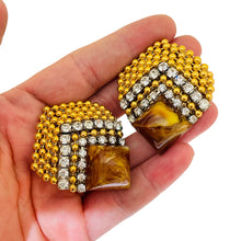 Load image into Gallery viewer, Vintage gold tone rhinestones resin 80's designer clip on earrings
