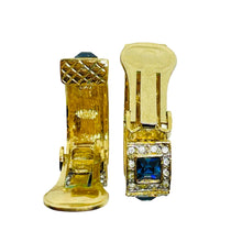 Load image into Gallery viewer, Vintage gold tone royal sapphire glass designer clip earrings
