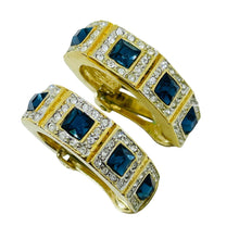 Load image into Gallery viewer, Vintage gold tone royal sapphire glass designer clip earrings
