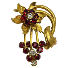 Load image into Gallery viewer, Vintage gold tone ruby red rhinestones  flower brooch
