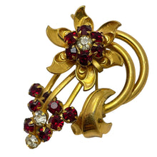 Load image into Gallery viewer, Vintage gold tone ruby red rhinestones  flower brooch
