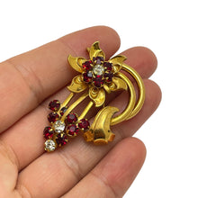 Load image into Gallery viewer, Vintage gold tone ruby red rhinestones  flower brooch
